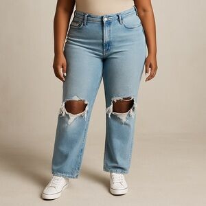 Light Blue Distressed Jeans Wise Leg High Waisted